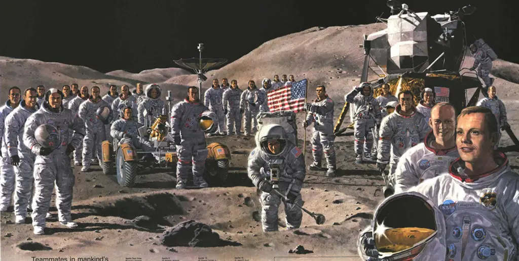 Ilustración mostrando a un grupo de astronautas en la superficie lunar.