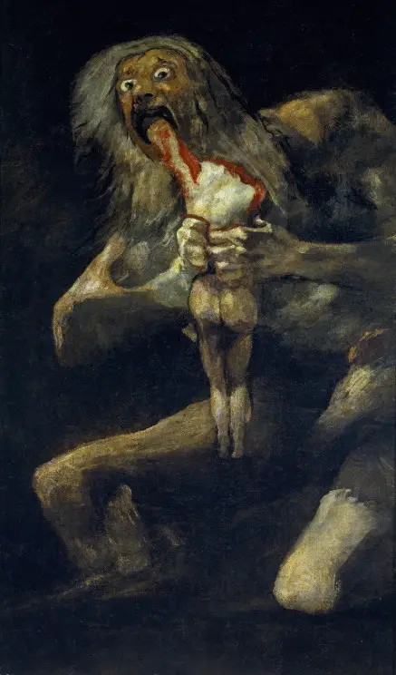 Pintura de Goya. Saturno devorando a sus hijos durante los eventos posteriores a la creación del mundo.