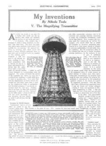 Torre de Nikola Tesla, la cual la prensa catalogaría como "el rayo de la muerte de Nikola Tesla".