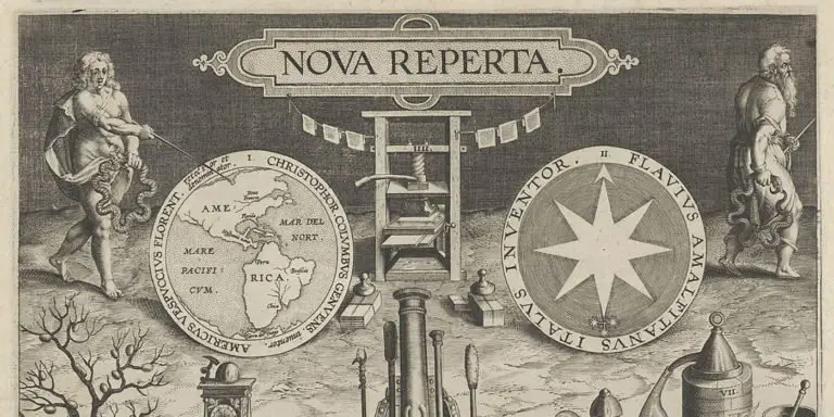 Ilustración de la portada de la Nova reperta mostrando varios dispositivos, un hombre apuntando a un mapa de américa y una prensa entre otros.