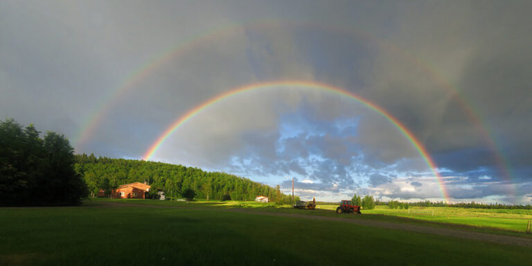 Imagen de un arco iris doble en una pradera y una granja. Vemos de fondo un tractor y un bosque.