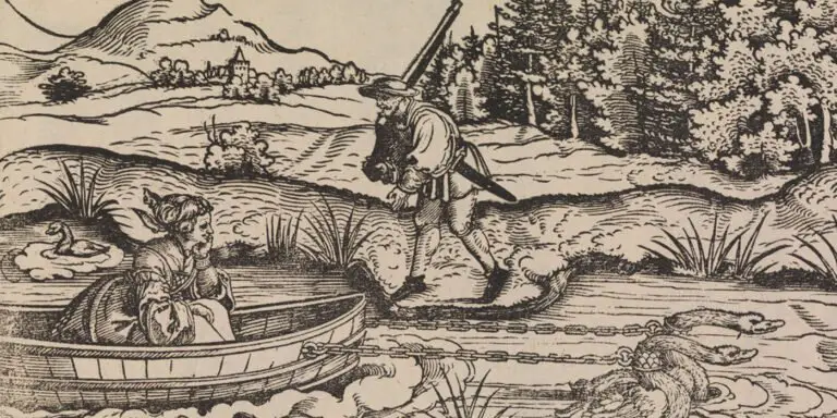 Ilustración de Erhand Schön en la cual vemos a una mujer en un bote tirado por patos mientras es observada por un cazador.