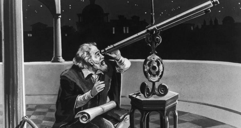 Ilustración de Galileo Galilei mirando a través de su telescopio.