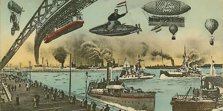 Postal del siglo XIX imaginando el futuro, vemos todo tipo de globos aerostáticos, dirigibles, monorieles y vehículos voladores.