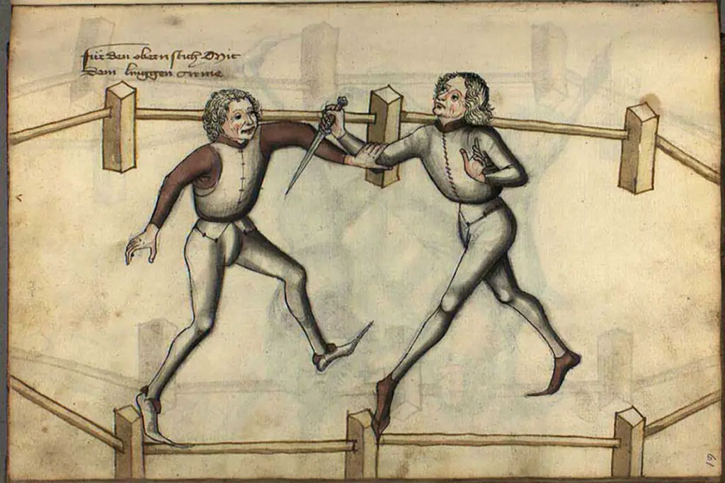 Ilustración de dos hombres luchando con dagas.