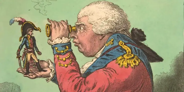 Ilustración de George III sosteniendo a Napoleón Bonaparte.