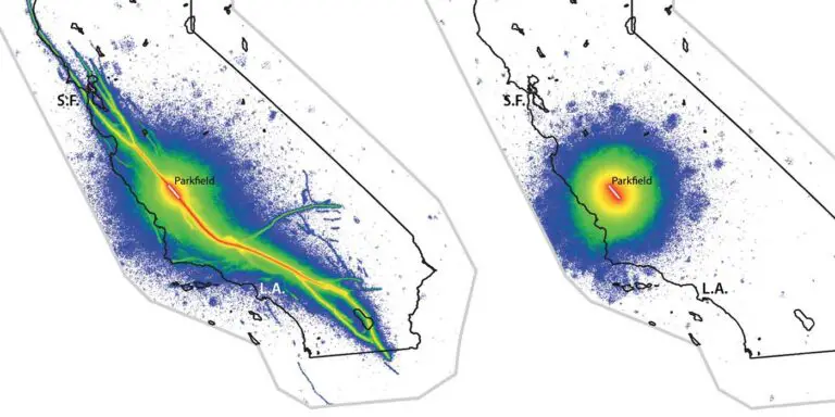 Mapa de la actividad sismica en Parkfield.