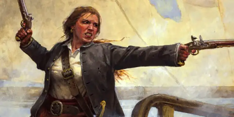 La mujer pirata Anne Bonny disparando un arma de fuego del siglo XVIII.