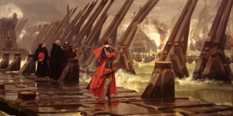 El cardenal Richelieu inspeccionando las defensas del puerto. Este cardenal tuvo un rol fundamental en la historia del cuchillo de mesa.