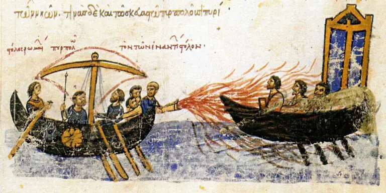 Un navío bizantino utilizando fuego griego contra la nave del rebelde Tomás el Eslavo en el año 821. Iluminismo del siglo XII de los Skylitzes Matritensis.