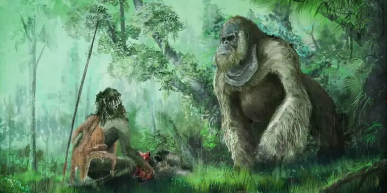 Ilustración de un Gigantopithecus blacki topándose con un ser humano prehistórico.