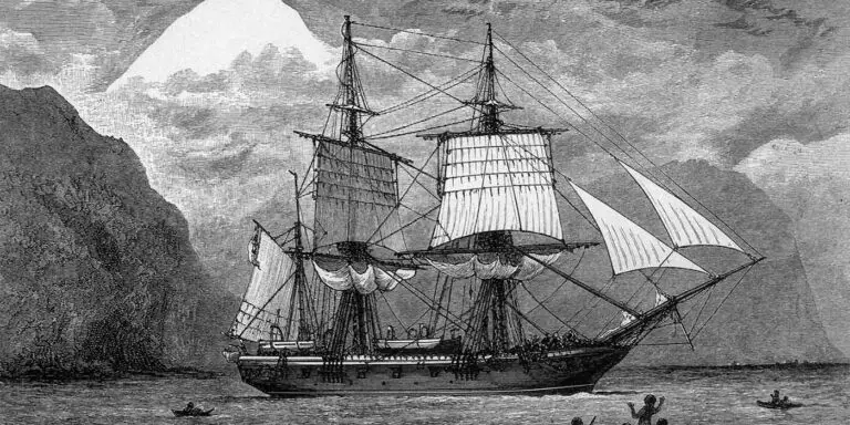 El HMS Beagle cruzando el Estrecho de Magallanes en el siglo XIX.