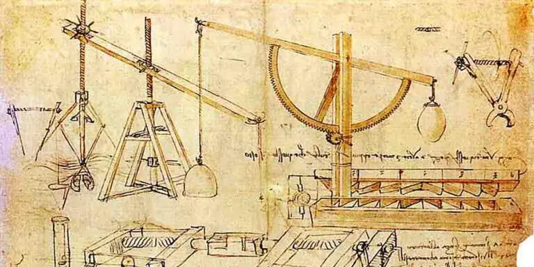 Ilustración técnica de un sistema de poleas y engranajes de Leonardo Da Vinci. Codex romanoff y los modales.